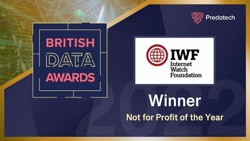 Colour poster naming the IWF as winner of not for profit of the year at British Data awards