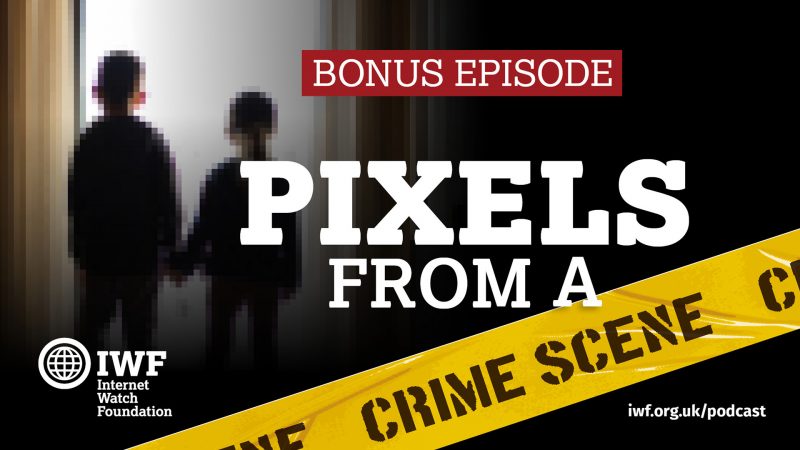 Two pixelated children hold hands and stand facing a window in promotional material for IWF podcast, Pixels From a Crime Scene