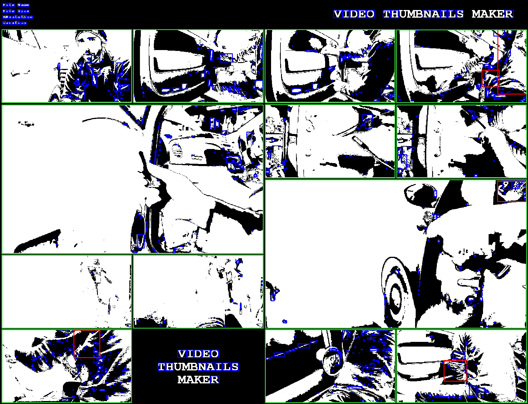 A collage of video stills in a grid pattern that has had a filter applied to aid in image analysis