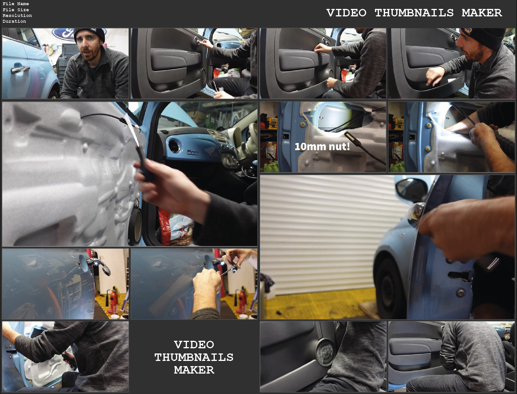 A video is broken down into lots of frames, some of which are used together in a grid or collage to advertise the video, this example is of a man in an autoshop