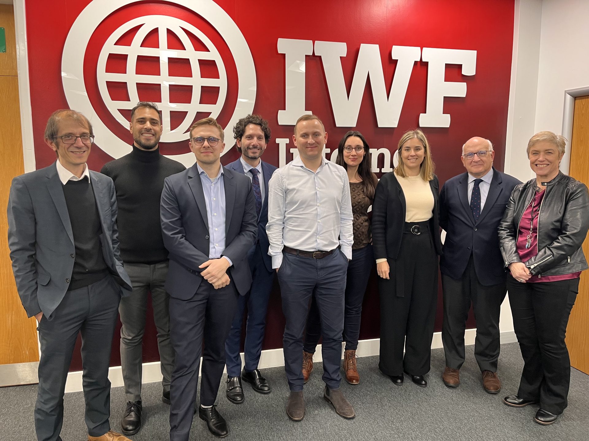 A group photo of attendees at MEP visit to the IWF office, showing, from left, Deputy Director at the UK Home Office, Christian Papaleontiou; Parliamentary Assistant to Niyazi Kizilyürek MEP, Hakan Choban; IWF Policy and Public Affairs Executive, Jonah Thompson; Secretary General of the European Parliament’s Child Rights Intergroup, Emilio Puccio; UK Home Office Tackling Child Sexual Abuse Unit, Rob Corr; Parliamentary Assistant to Lena Dupont MEP, Anastasija Ore; Parliamentary Assistant to Javier Zarzalejos MEP, Zoe Nubla; Member of the European Parliament, Javier Zarzalejos; and IWF Chief Executive, Susie Hargreaves OBE