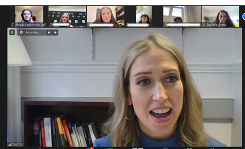 A screenshot shows IWF Champion Laura Trott MP chairing a virtual Safer Internet Day event with teenagers discussing the pressures that they felt online